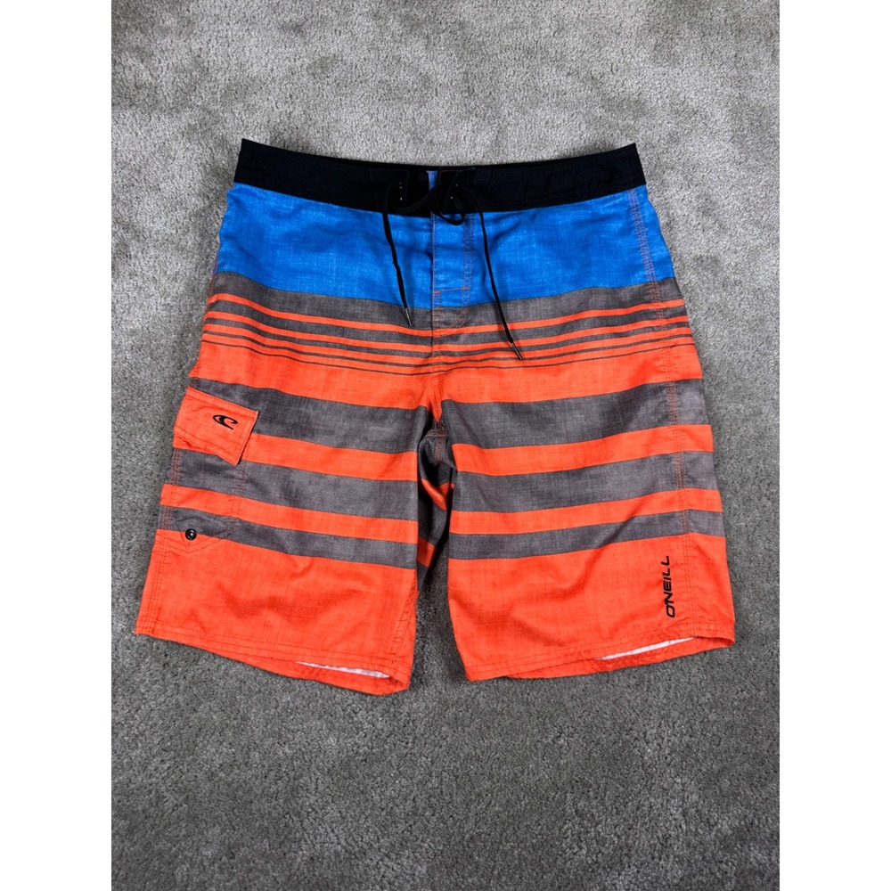 ONeill Mens Board Shorts Orange Blue Gray Striped Swim Trunks Size 33 RN 85773